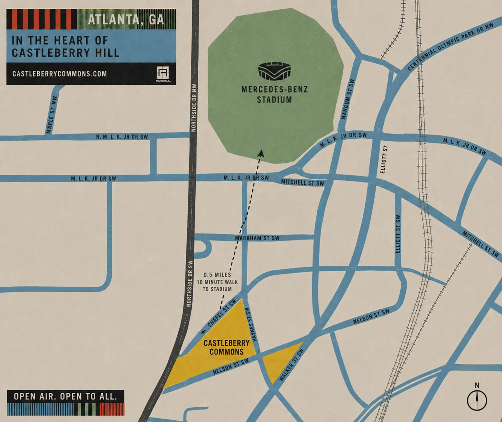 Map of Castleberry Commons in Castleberry Hill, Atlanta — a half-mile, 10-minute walk from Mercedes-Benz Stadium.